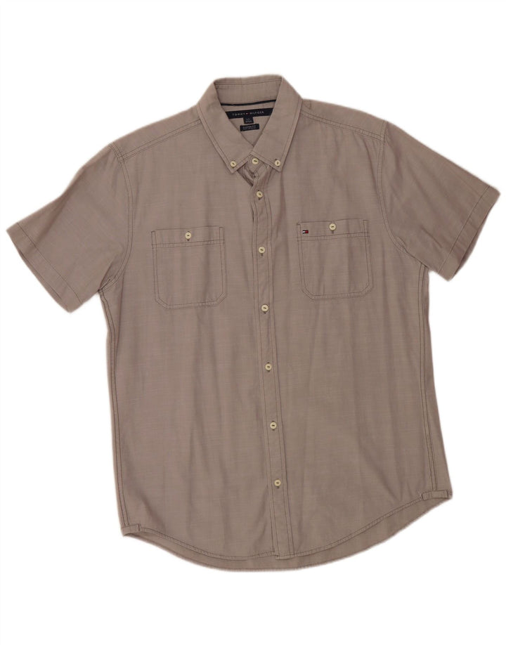 TOMMY HILFIGER Camisa de manga corta con ajuste personalizado para hombre, talla grande, gris