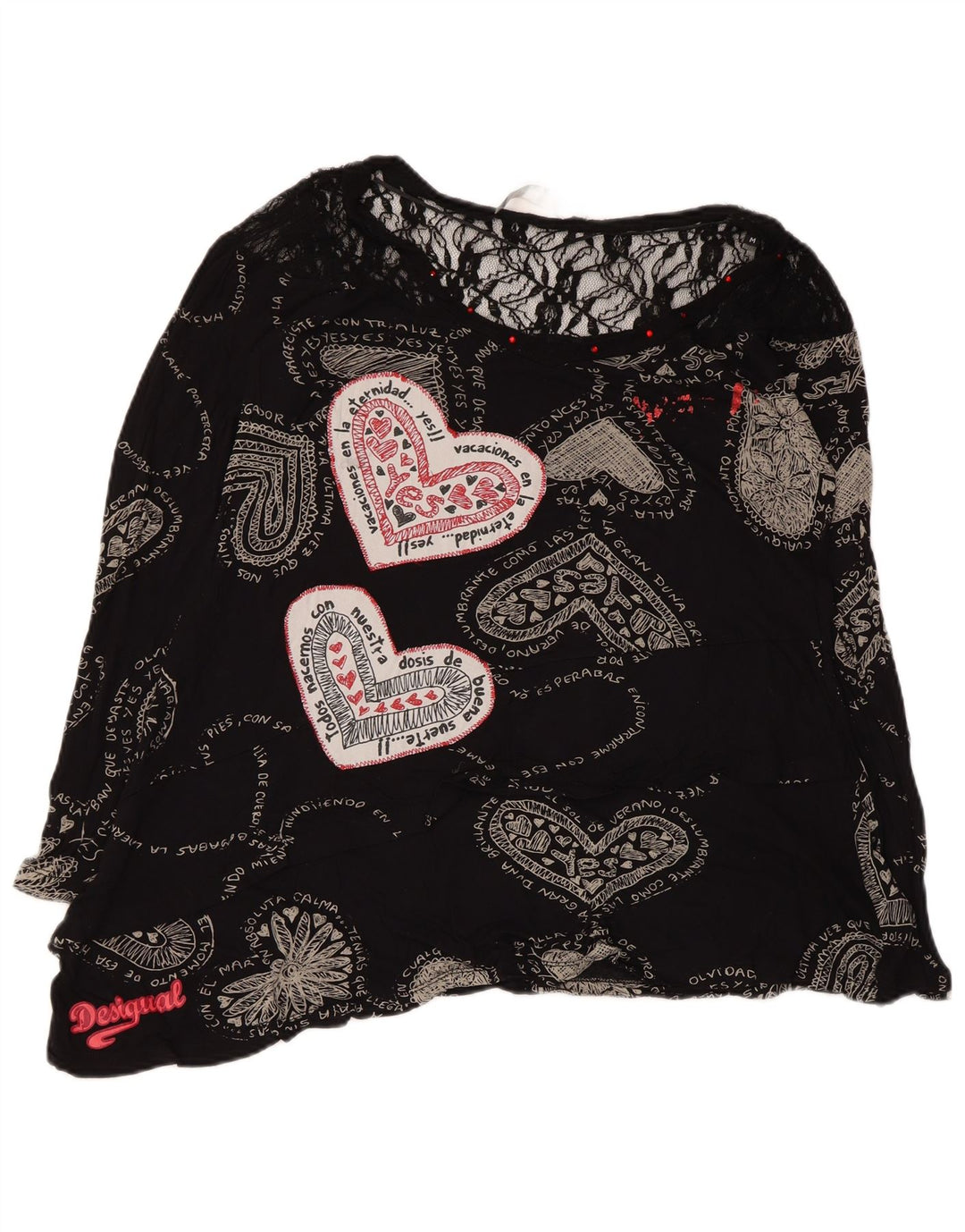 Desigual Blusa gráfica para mujer Top Reino Unido 12 Medio Negro Corazón geométrico