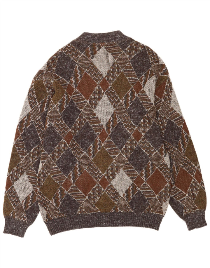 Vintage hombres completo zip cardigan suéter medio multicolor Argyle/Diamond
