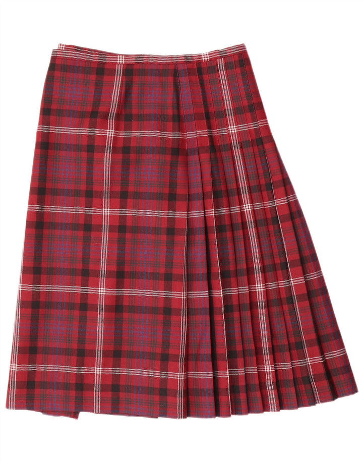 Falda envolvente plisada vintage para mujer W30 Lana de cuadros rojos medianos