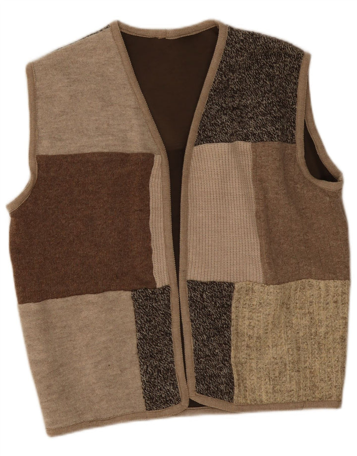 Vintage mujer sin mangas abierto cardigan suéter Reino Unido 16 gran patchwork beige