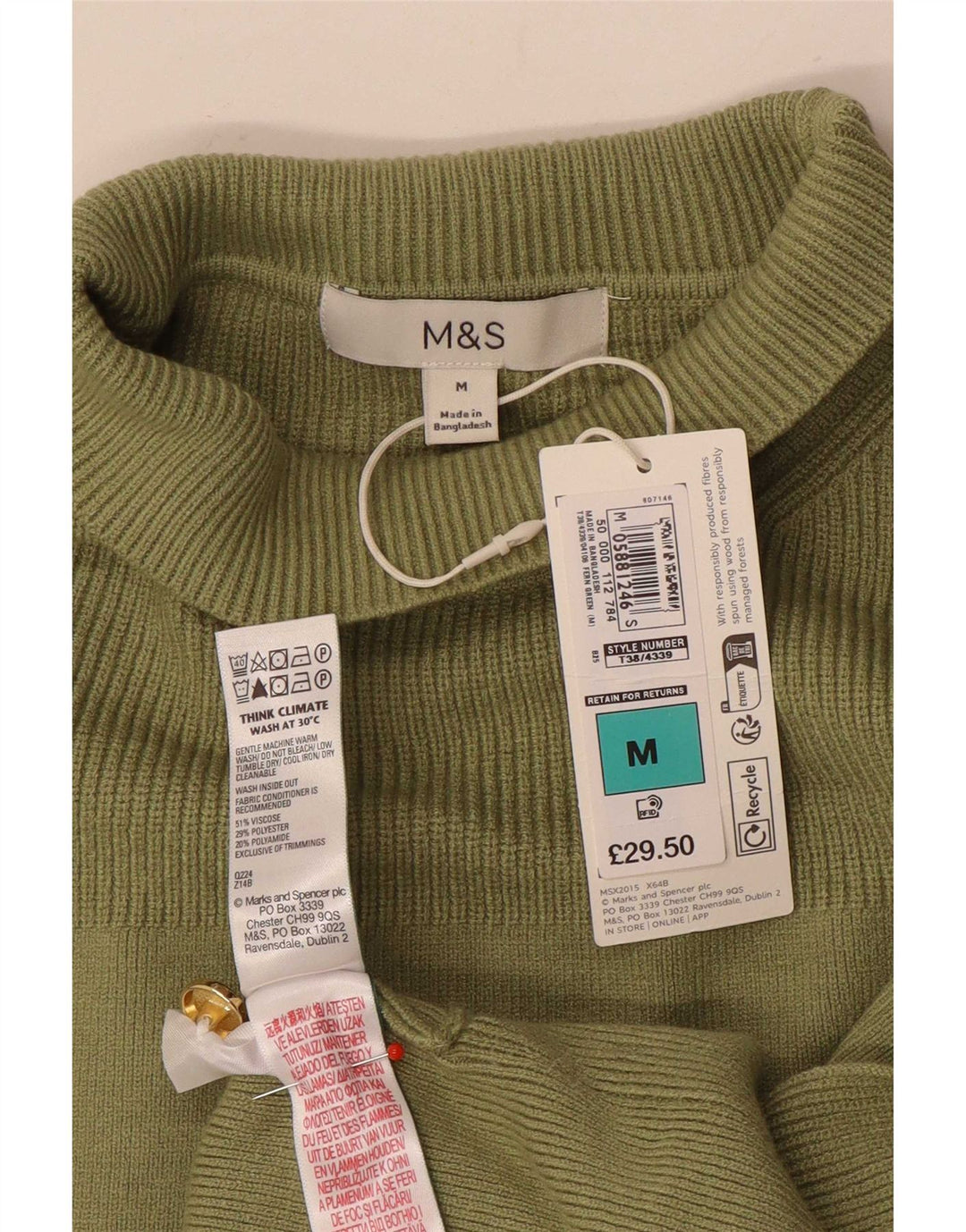 Marks & Spencer Suéter tipo jersey con cuello alto para mujer, talla 40, color caqui mediano