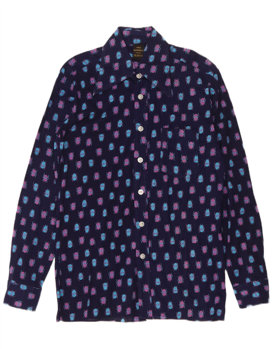 Vintage hombres patrón abstracto camisa tamaño 37 pequeño algodón azul marino
