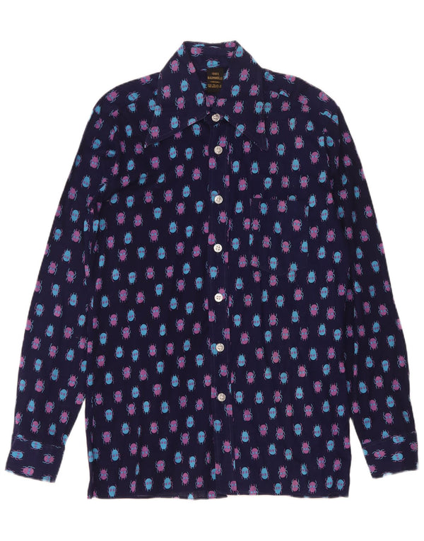 Vintage hombres patrón abstracto camisa tamaño 37 pequeño algodón azul marino