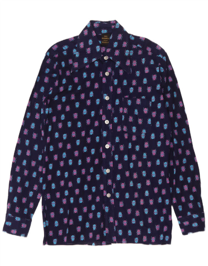 Vintage hombres patrón abstracto camisa tamaño 37 pequeño algodón azul marino