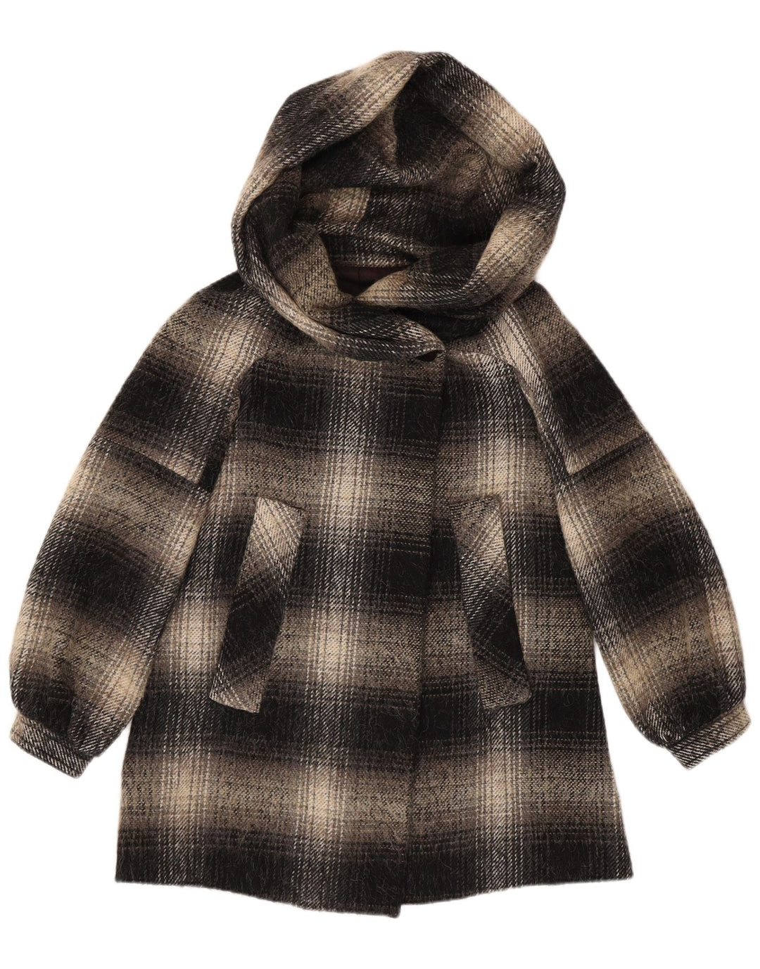 ZARA Womens Hooded Overcoat UK 14 Medium Black Plaid Polyester