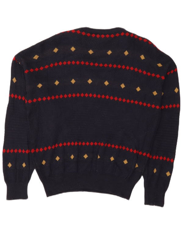 Vintage hombres V-cuello jumper suéter EU 38 pequeño azul marino geométrico