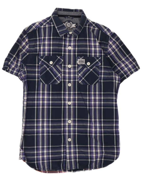 Camisa Superdry Hombre De Manga Corta De Algodón A Cuadros Azul Marino Medio