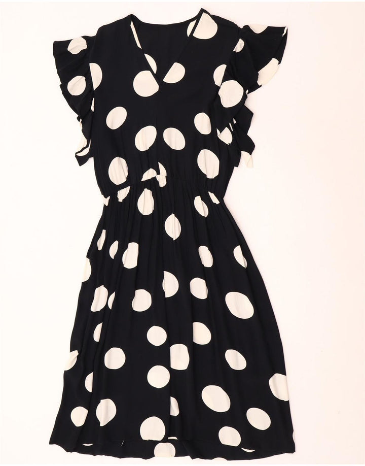 Vintage mujer A-Line vestido Reino Unido 12 medio negro lunares