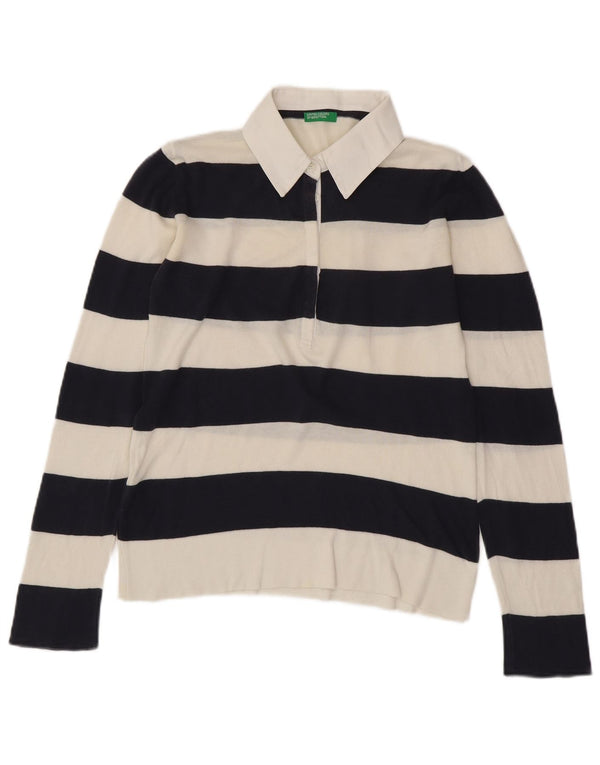 BENETTON Polo de rugby de punto para mujer UK 44 Mediano Blanco Rayas