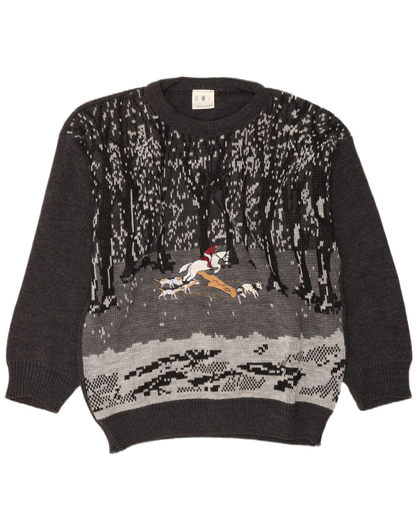 Vintage hombres gráfico barco cuello jumper suéter grande gris