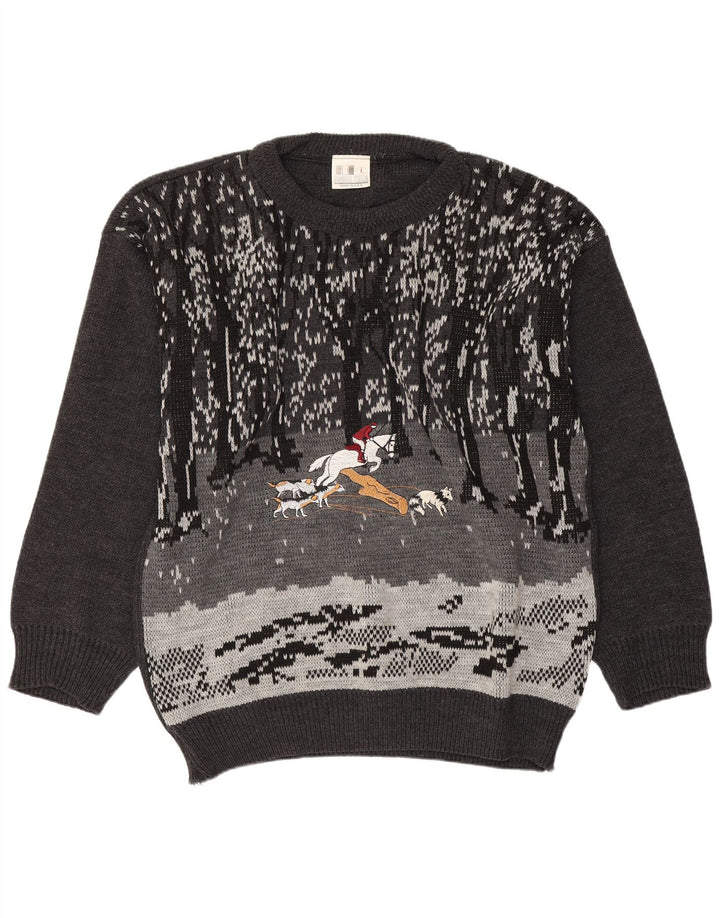 Vintage hombres gráfico barco cuello jumper suéter grande gris
