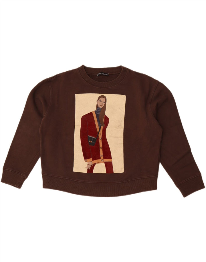 Zara Mujer Crop Graphic Sudadera Oversize Jersey UK 10 Small Marrón