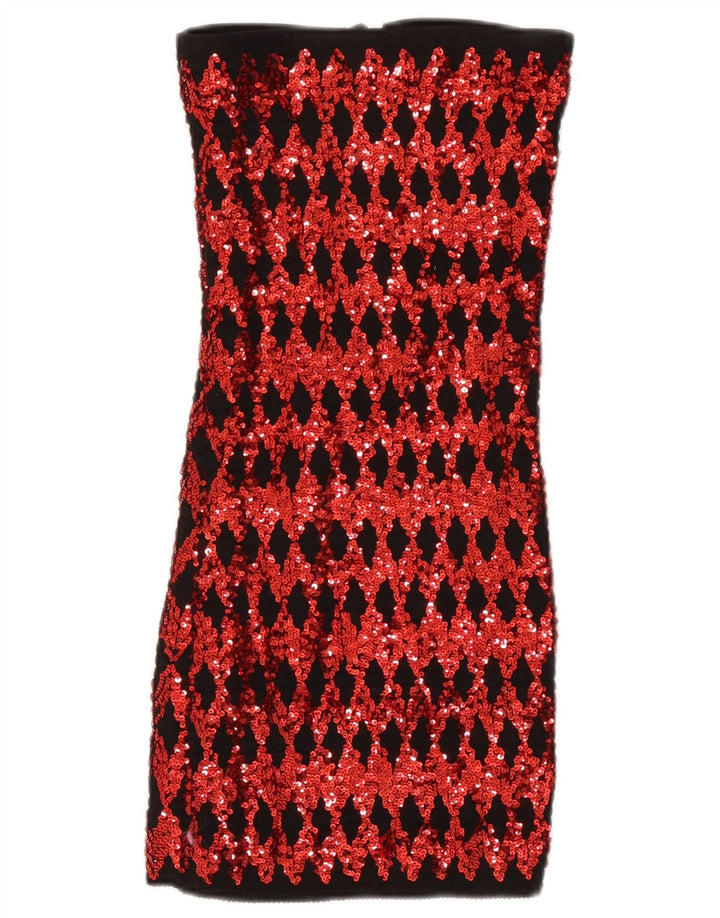 Vintage mujer lentejuelas sin tirantes top Reino Unido 14 grande rojo geométrico