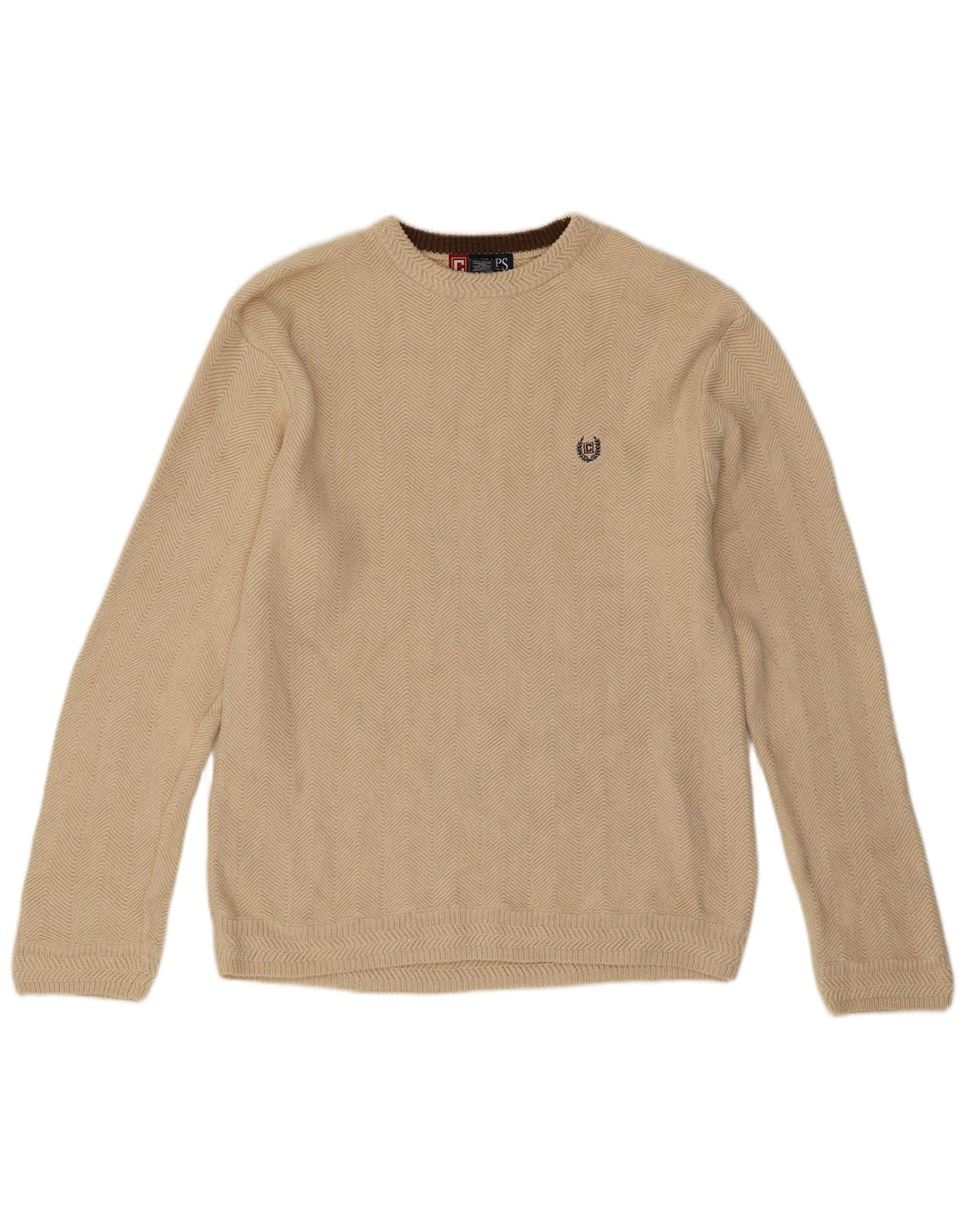 Chaps Hombre Cuello Redondo Jersey Suéter Medio Beige Chevron Algodón