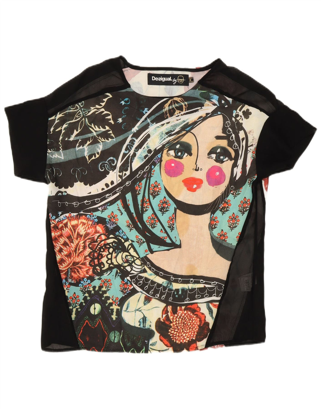 Desigual Mujer See Through Graphic Camiseta Top UK 14 Medium Multicolor