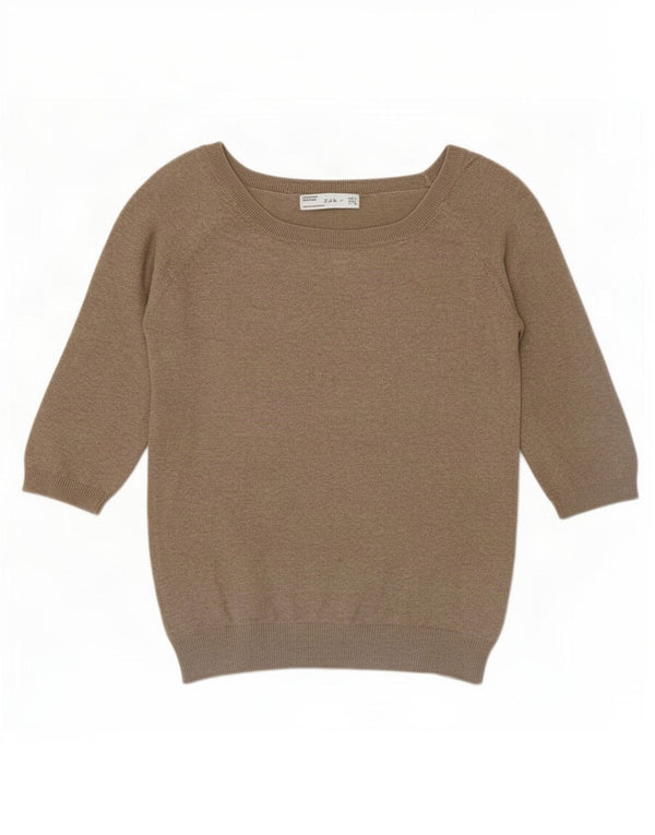 Zara Jersey de manga corta con cuello barco para mujer UK 46 Large Beige Cotton