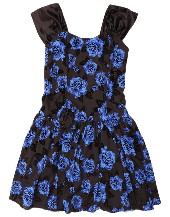 VINTAGE Vestido evasé sin mangas para mujer IT 42 Poliéster floral azul medio