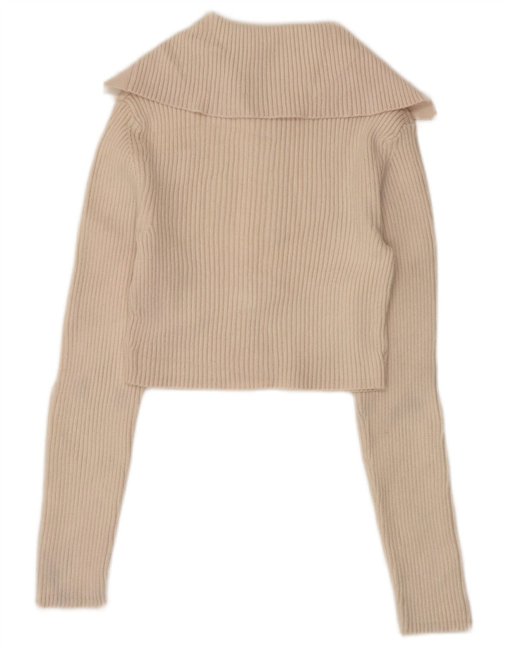 ZARA Jersey corto con cuello tipo polo para mujer, talla 40, viscosa beige mediana