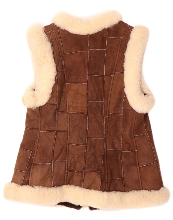 VINTAGE Mujer Shearling Gilet EU 36 Pequeño Marrón Patchwork Cuero