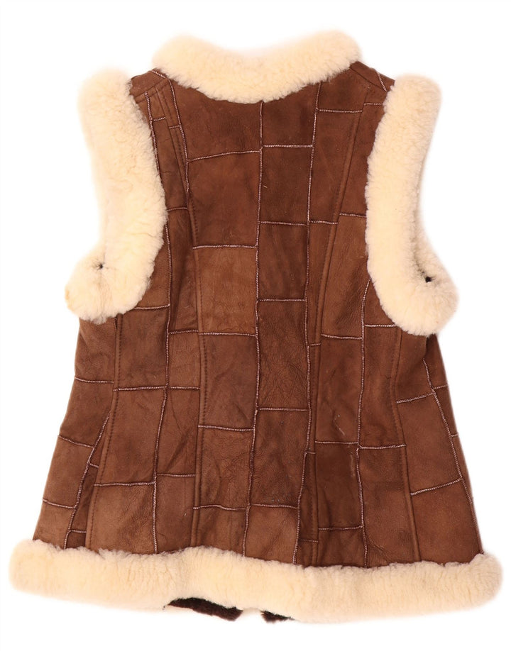 VINTAGE Mujer Shearling Gilet EU 36 Pequeño Marrón Patchwork Cuero