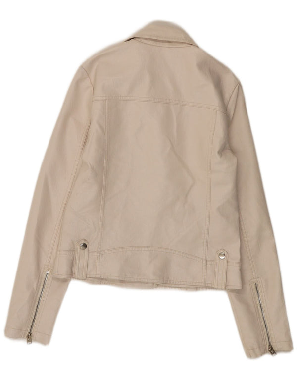 Topshop Chaqueta motera de piel sintética para mujer UK 8 Small Off White Poliuretano