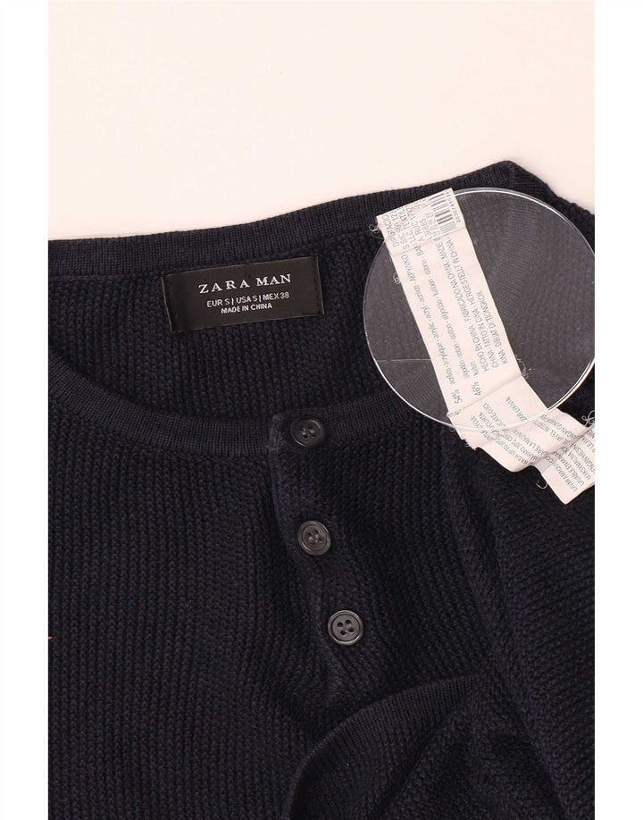 Zara Mens Botón Cuello Jersey Suéter Pequeño Azul Marino Acrílico