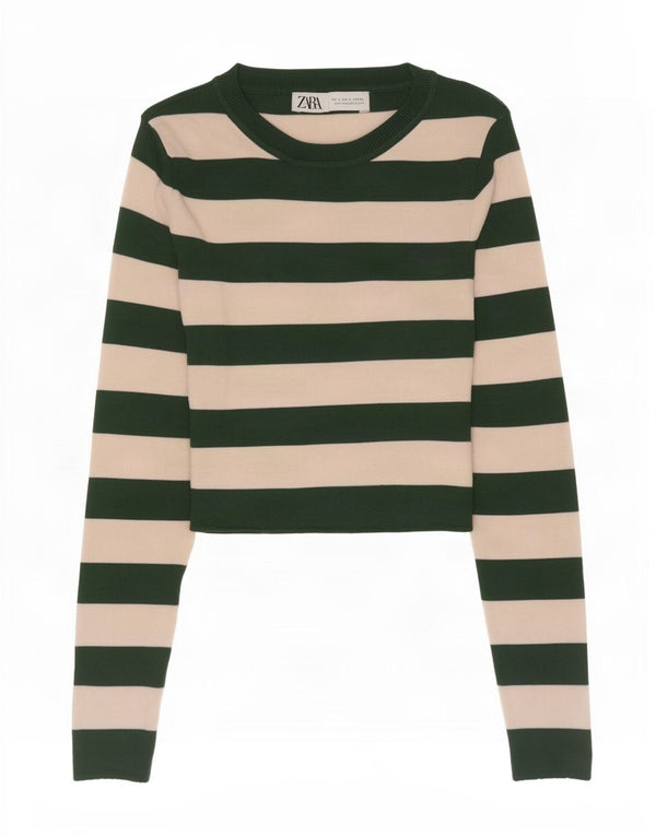 Zara Mujer Crop Top Manga Larga UK 8 Small Verde Rayas Viscosa