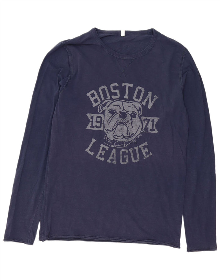 Benetton Hombre Camiseta Estampada Manga Larga Algodón Azul Marino Medio