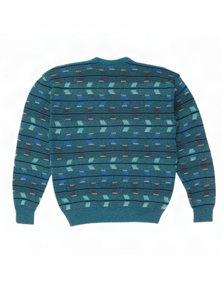 Vintage hombres cuello redondo jersey suéter azul medio geométrico