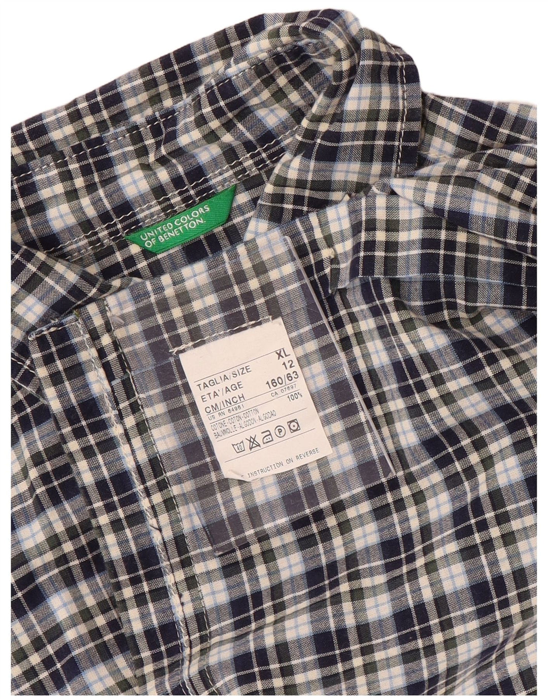 BENETTON Camisa Manga Corta Niño 11-12 Años XL Azul Marino Cuadros Algodón