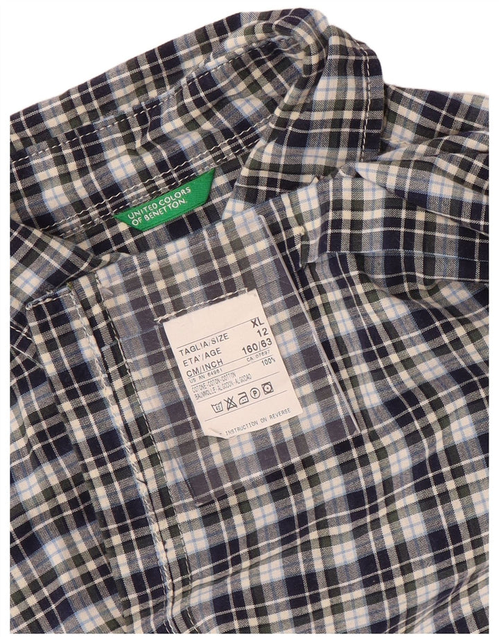BENETTON Camisa Manga Corta Niño 11-12 Años XL Azul Marino Cuadros Algodón
