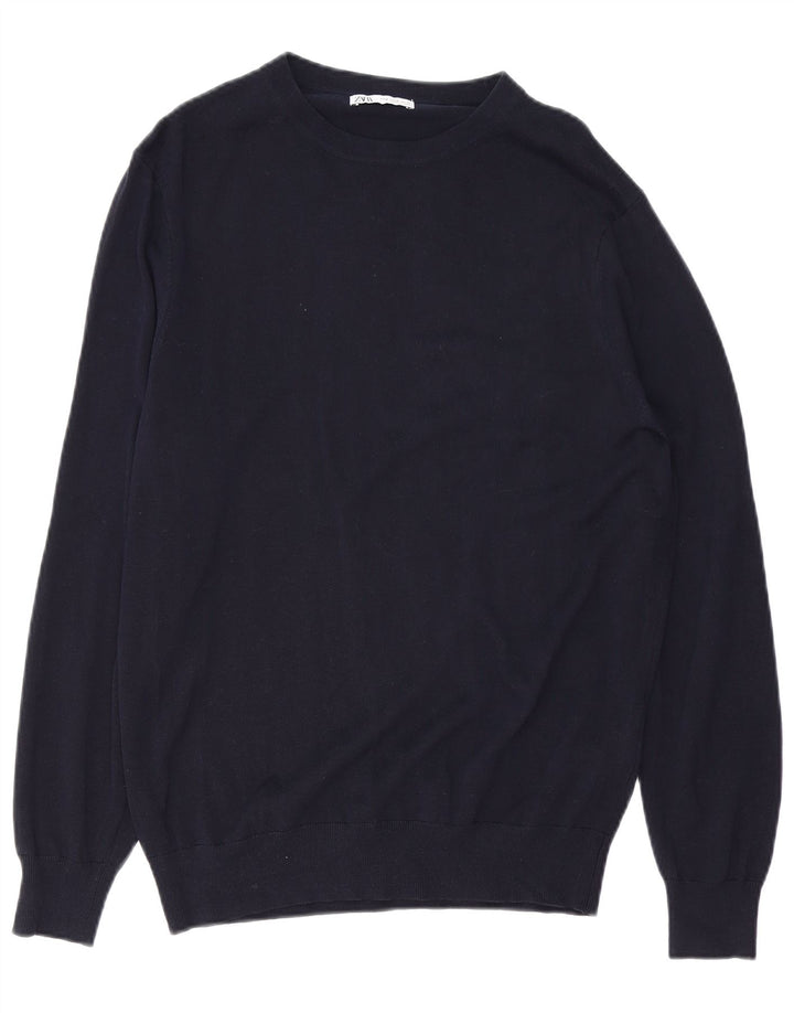 ZARA Mens Crew Neck Jumper Sweater Medium Navy Blue Lyocell