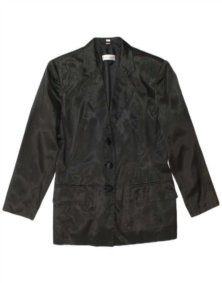 VINTAGE Chaqueta Blazer de 3 Botones para Mujer Reino Unido 12 Viscosa Negra Mediana