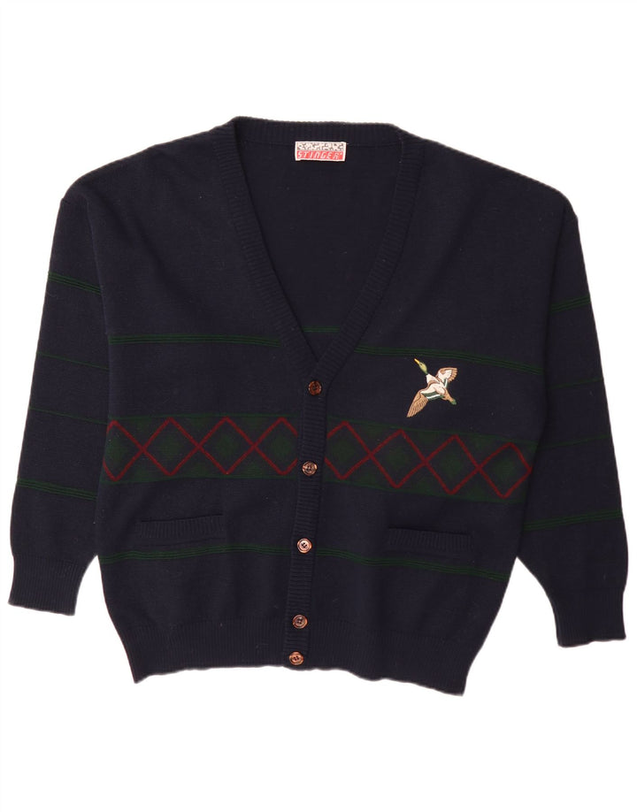 Vintage hombres Cardigan suéter XL azul marino Argyle/Diamante