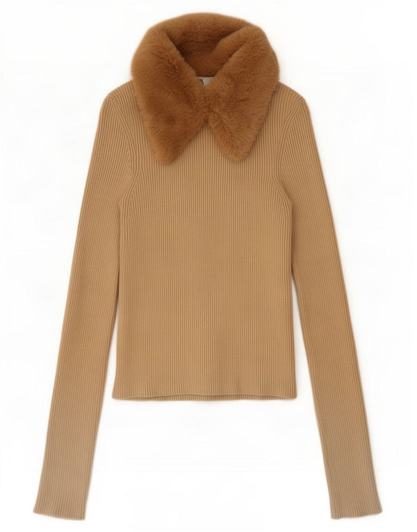 Zara Polo Corto De Manga Larga Para Mujer UK 8 Small Beige Colorblock