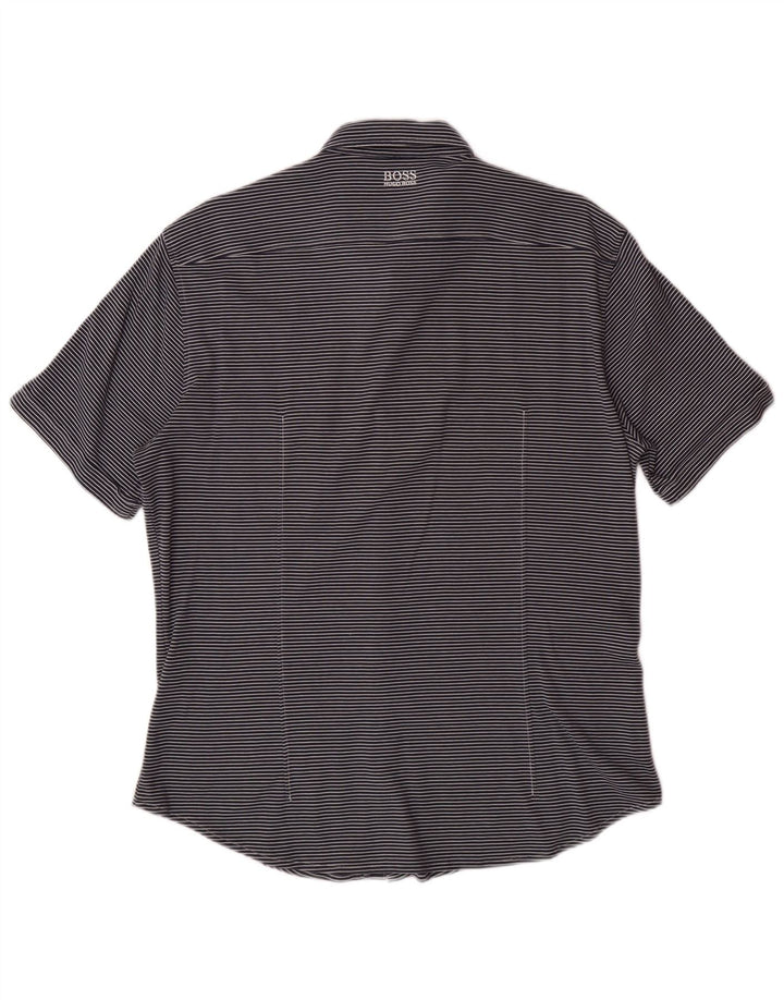 HUGO BOSS Camisa de manga corta ajustada para hombre, talla grande, azul marino, a rayas