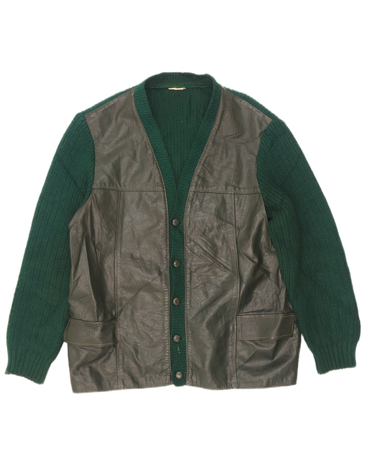 Vintage hombres cuero cardigan suéter EU 50 verde medio