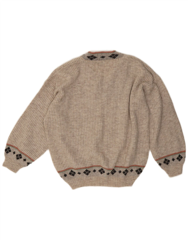 Vintage hombres V-cuello jumper suéter medio beige geométrico