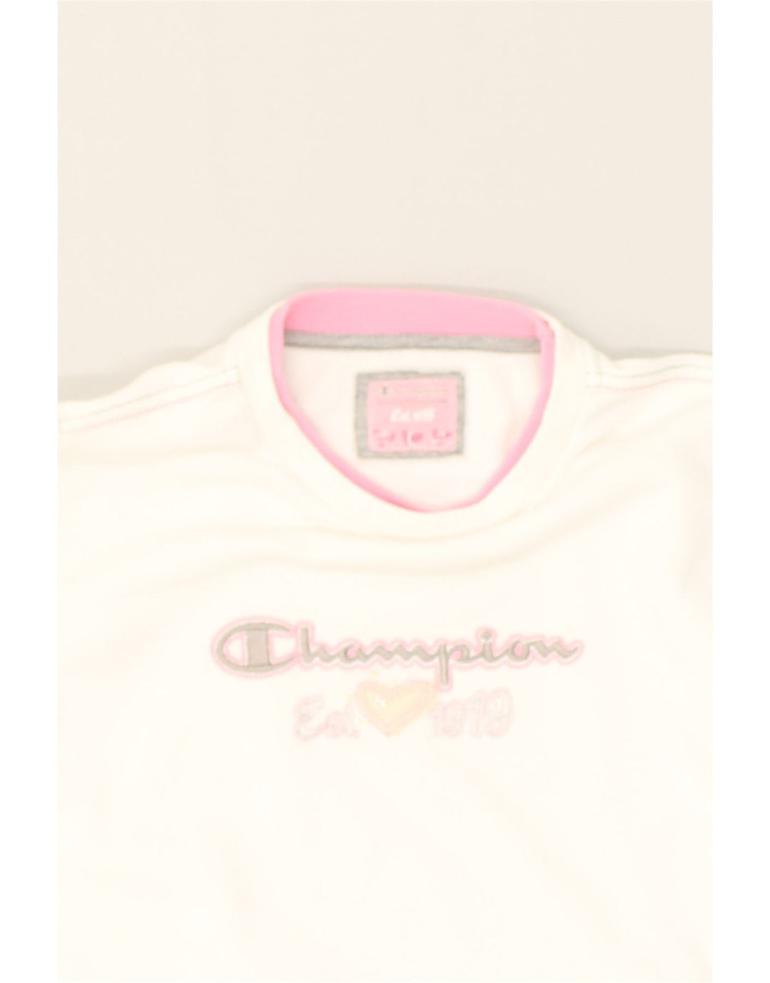 CHAMPION Girls Graphic Sweatshirt Jumper 11-12 Years Large  White Cotton | Vintage Champion | Thrift | Second-Hand Champion | Used Clothing | Messina Hembry 