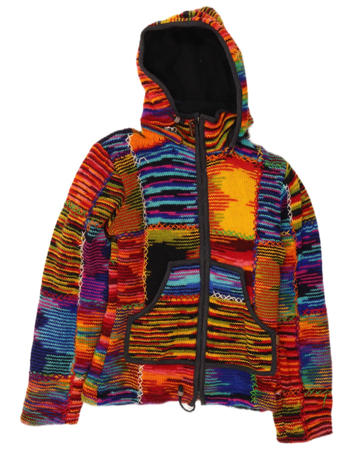 VINTAGE suéter cárdigan con capucha para mujer Reino Unido 12 rayas multicolores medianas