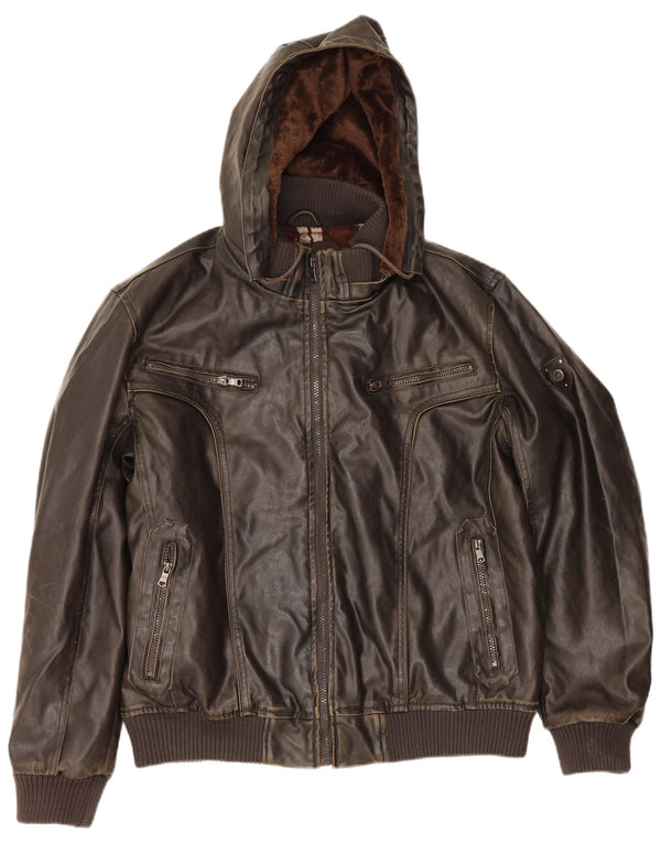 Chaqueta de piel sintética con capucha para hombre Wampum UK 44 2XL Marrón Polivinilo