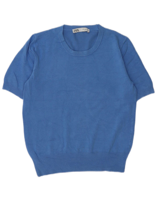 Zara Jersey de manga corta con cuello redondo para mujer, talla 40, color azul