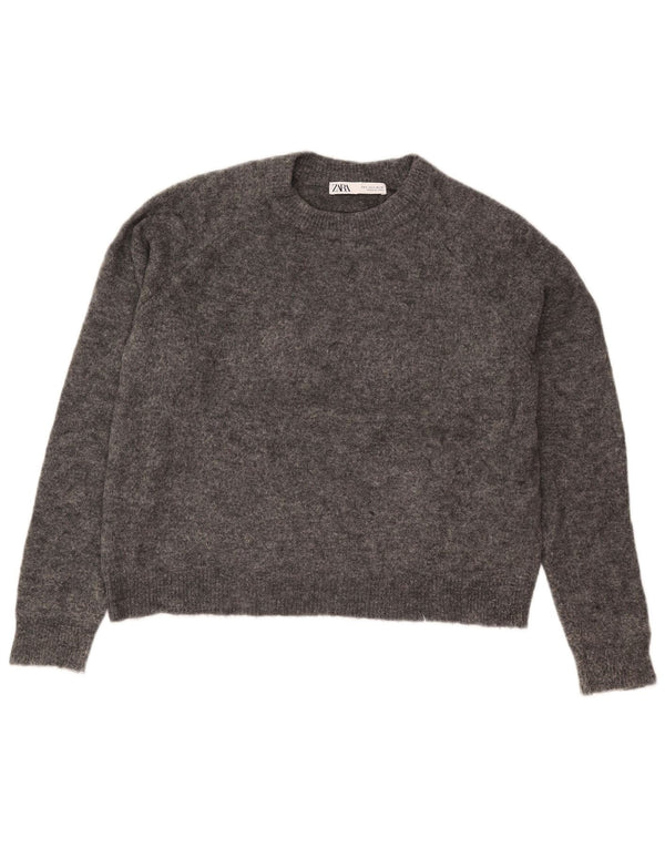 Zara Womens Crop Oversize Crew Neck Jumper Sweater UK 10 Small Gris Nylon