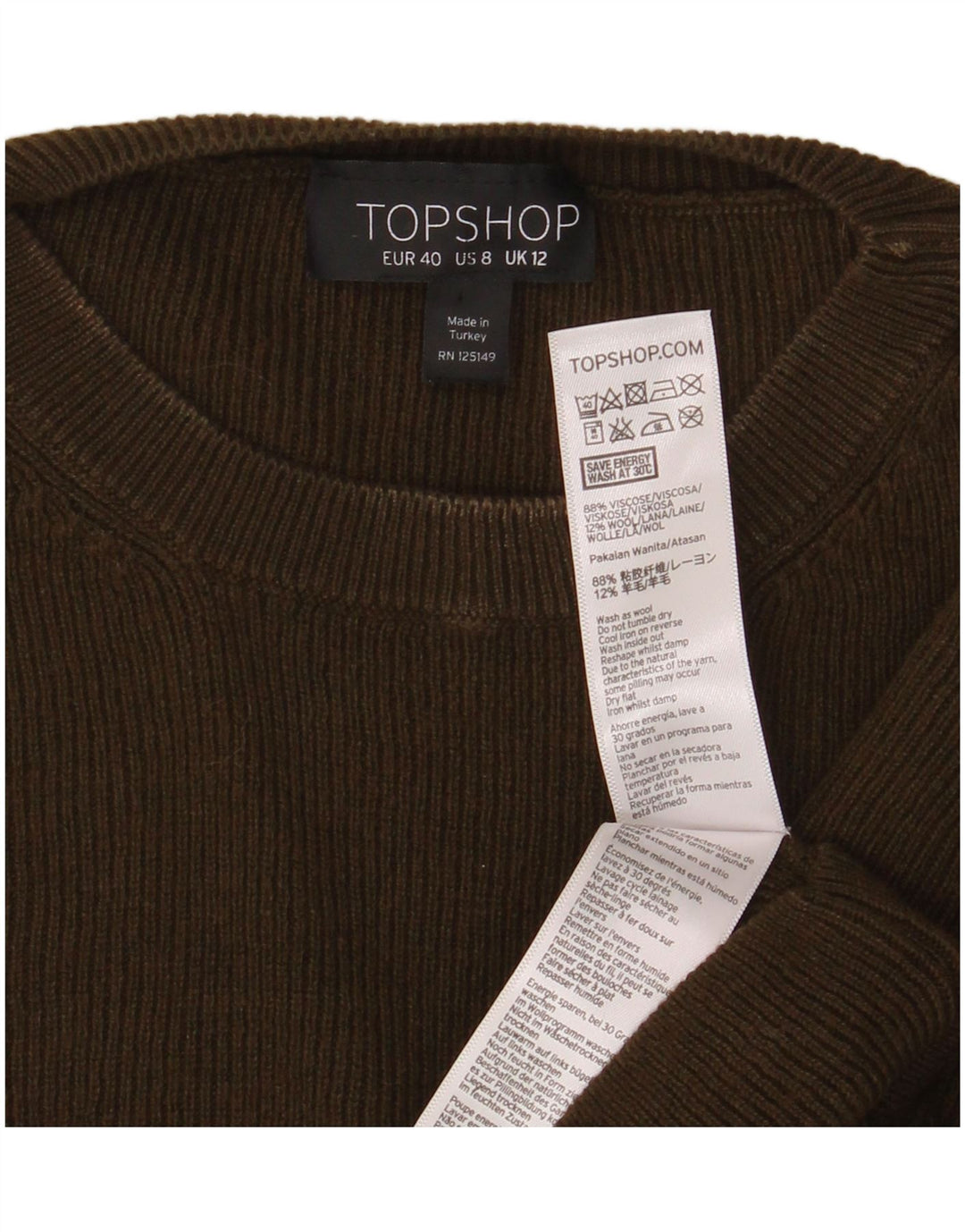 Topshop Womens Crop Top Long Sleeve UK 12 Medium Khaki Viscose