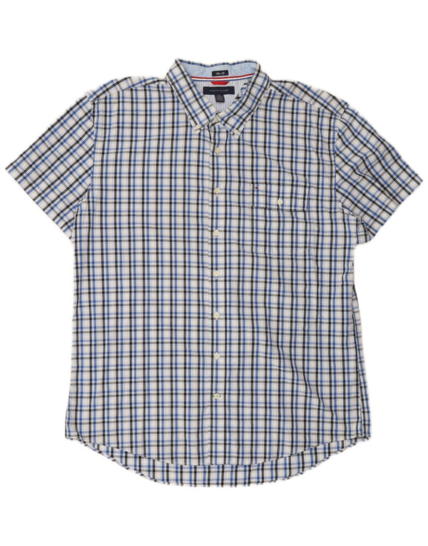 TOMMY HILFIGER Camisa ajustada de manga corta para hombre 2XL Algodón a cuadros azul