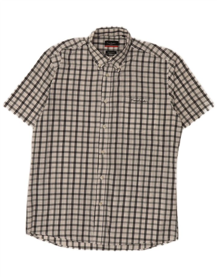 Camisa Pierre Cardin Hombre Manga Corta Regular Fit Cuadros Blancos Medianos