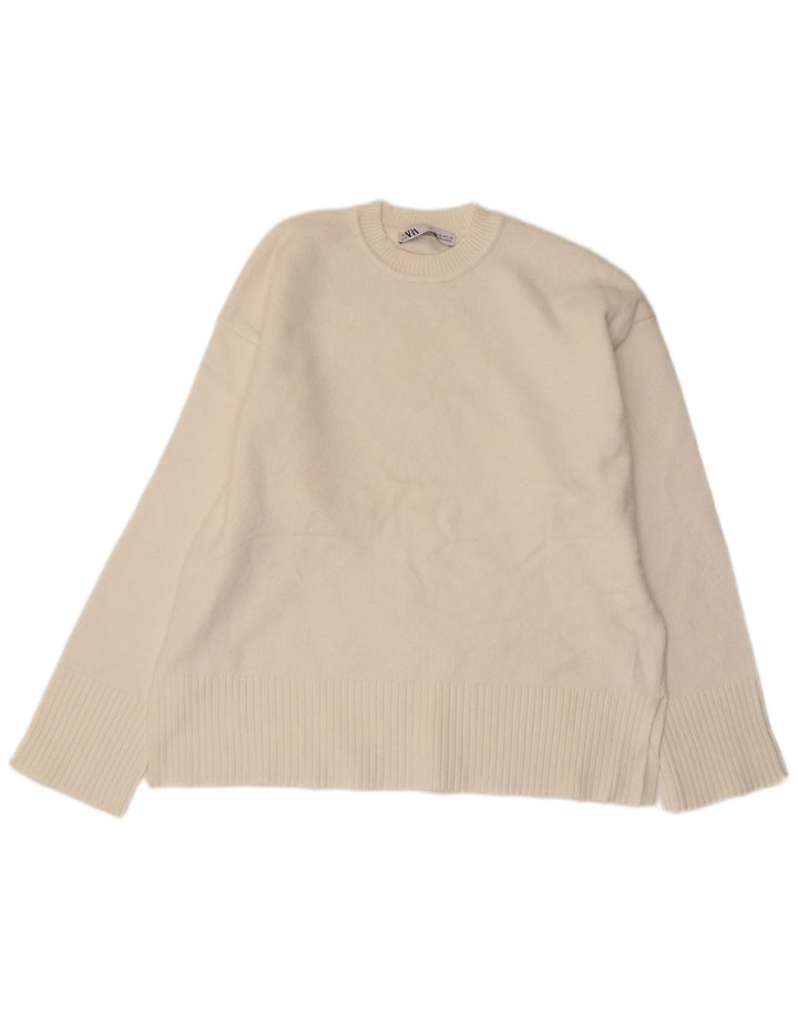 ZARA Jersey de cuello redondo para mujer, talla 44, viscosa blanca mediana