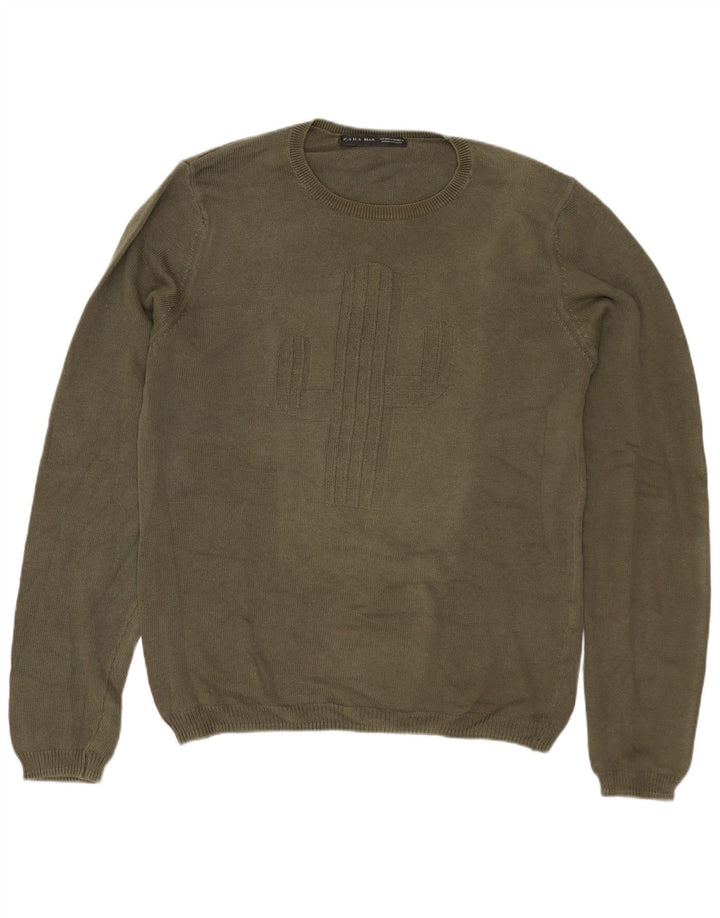 ZARA Hombre Jersey Gráfico Con Cuello Redondo De Algodón Caqui Medio