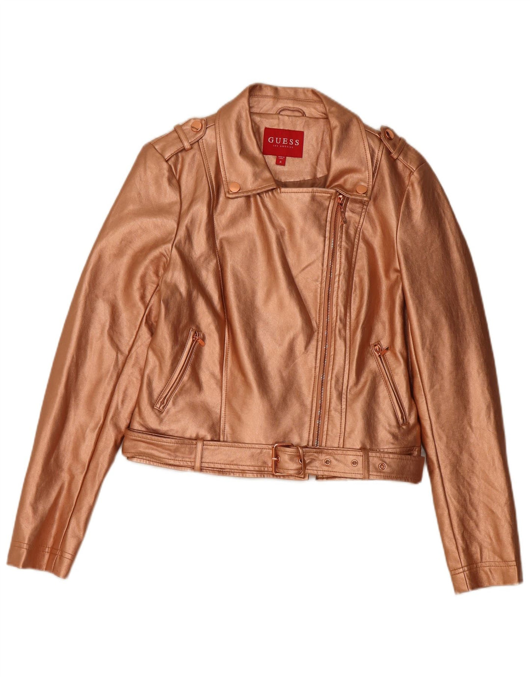 GUESS Chaqueta motera corta de piel sintética para mujer Reino Unido 12 Poliuretano dorado mediano